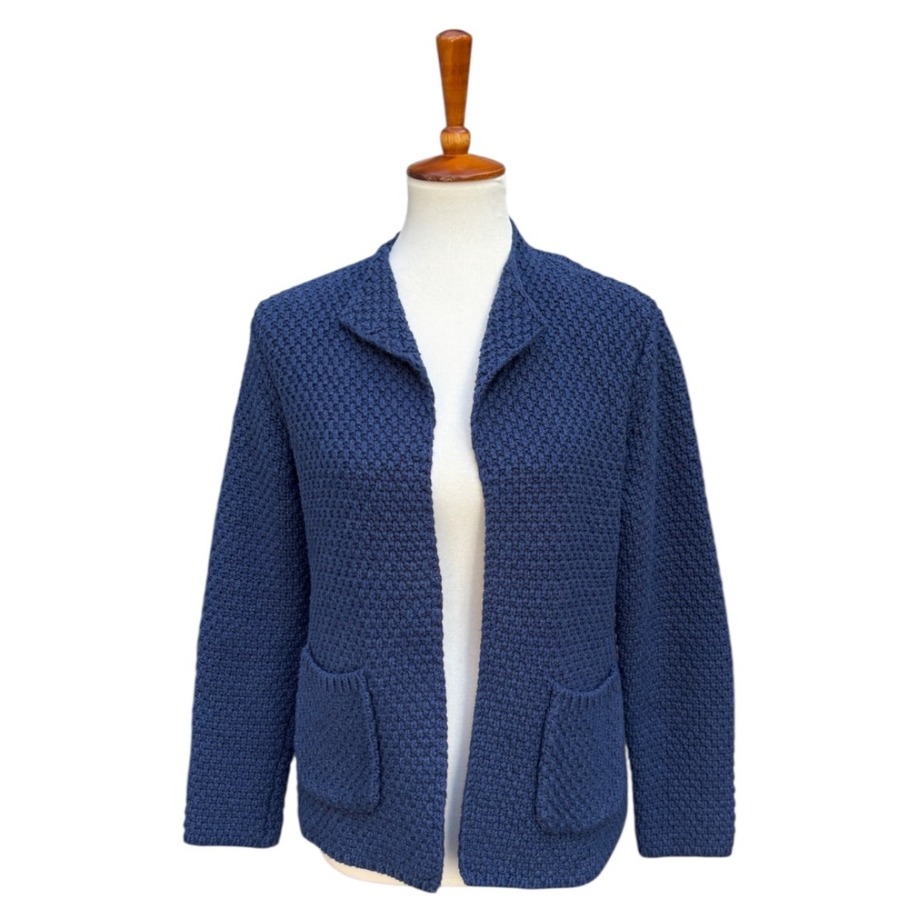 Orvis Women’s S 100% Cotton Blue Knit Textured Open Cardigan Sweater w/Pockets